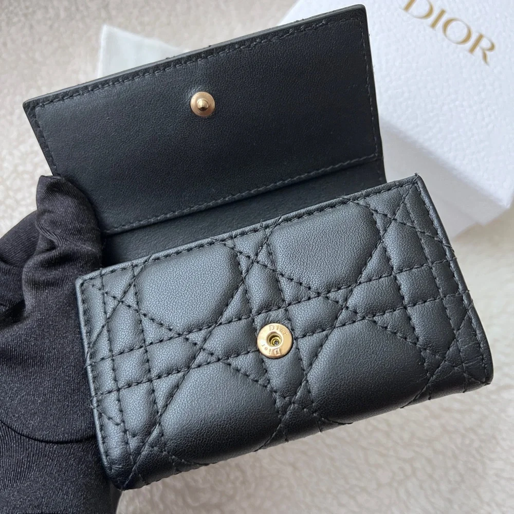 Auth Dior Quilted Logo Charm Key Holder Wallet - Black w/ Gold Hardware